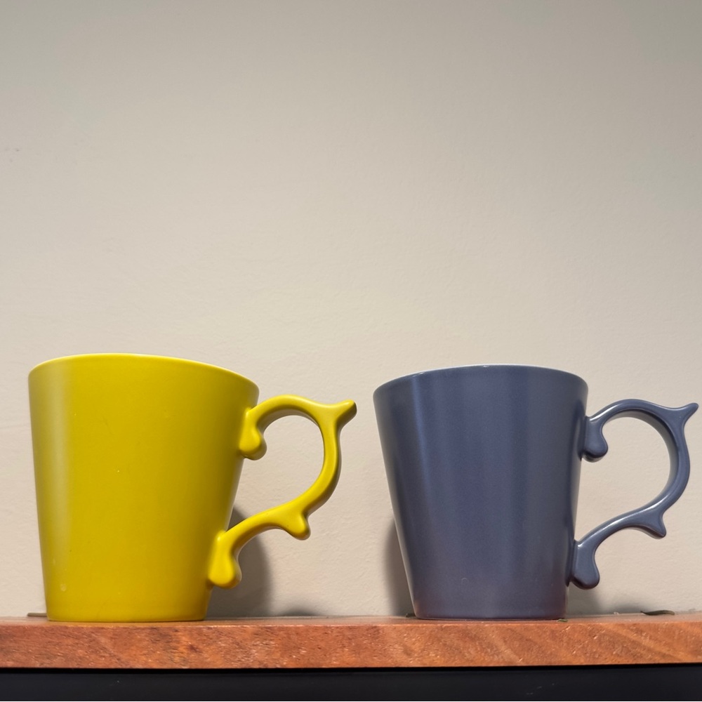 Starbucks Tazo Yellow and Slate Blue Ceramic Mugs with Scroll Handle